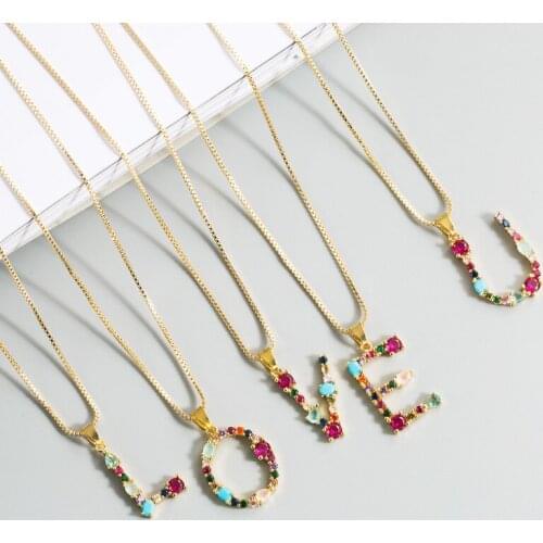 Rainbow Girls Letter Necklace Gold 26 Letters Long Charm Necklaces Pendants CZ Zirconia Gold Fashion Jewelry Gifts wholesale