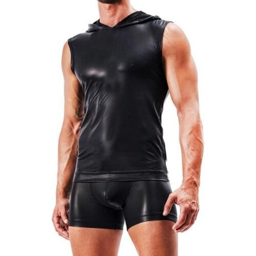 Idopy Men`s Hip Hop Fake Faux Leather T Shirts Short Sleeve With Hood Sexy Nightclub Cosplay Hipster Tees and Shorts Set