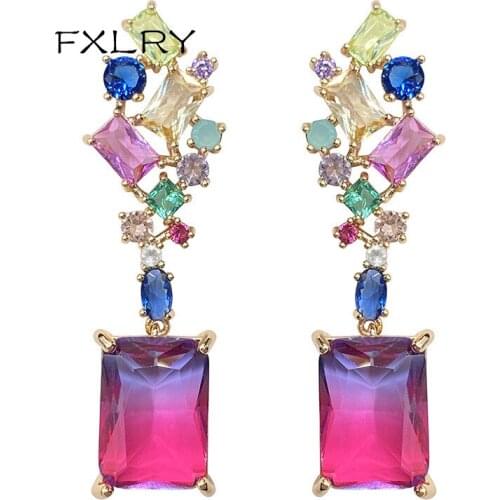 FXLRY fashion Geometric irregular zircon stitching color earrings for women Wedding Jewelry
