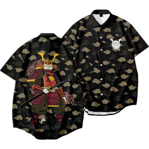 Cartoon Cat Warrior Printed Hawaiian Short Sleeve Shirts Summer Hip Hop Camicias Streetwear Harajuku Blouses Oversized 6XL