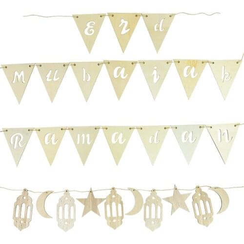 Eid Mubarak Wooden Banner Bunting Happy Mubarak Star Moon Hanging Garland Ramadan Islamic Muslim Party DIY Decoration Supplies 7