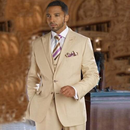 Custom Made Champagne Men Suits for Wedding Suits Peaked Lapel Slim Fit 3Piece Jacket Pant Vest Groom Tuxedo Terno Masculino