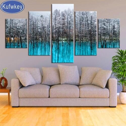 Multi panel diamond painting Blue Fluorescent Trees drill cross stitch kits diamond embroidery full Round 5 Piece Home art