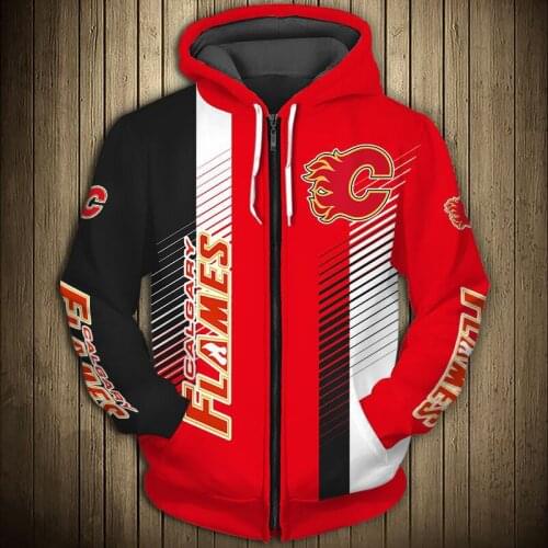 Calgary mens Casual 3D Zipper Hoodie Black And Red Stitching Stripes Design Burning Flame Print Flames Sweatshirt