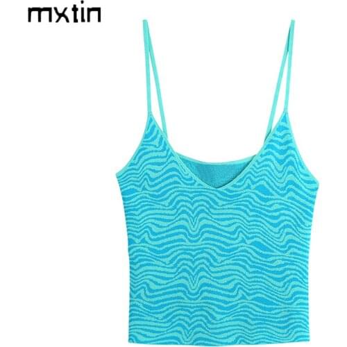 MXTIN 2021 Women Summer Fashion Sexy Jacquard Cropped Knitted Tank Tops Vintage V-Neck Backless Thin Straps Female Chic Tops