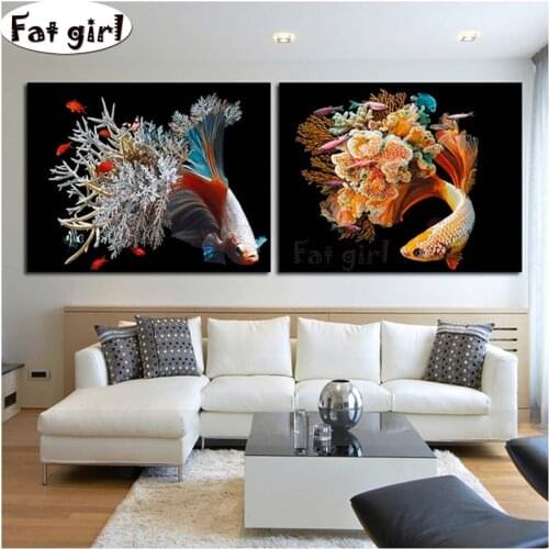 2 piece Fish Flower Seaweed Diy Diamond painting full round/square Diamond embroidery sale cross stitch mosaic wall decor