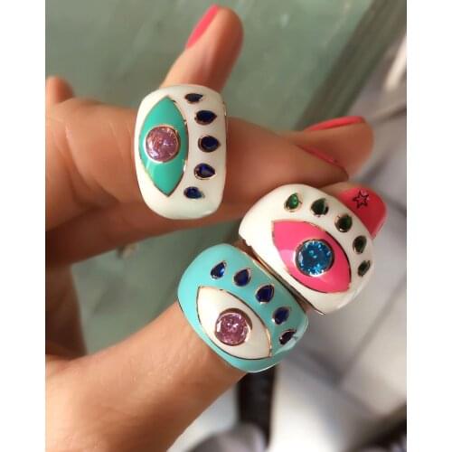 Open Size 7 Rose Gold Color Pink White Blue Black Colorful Enamel Lucky Turkish Evil Eye Big Women Finger Ring