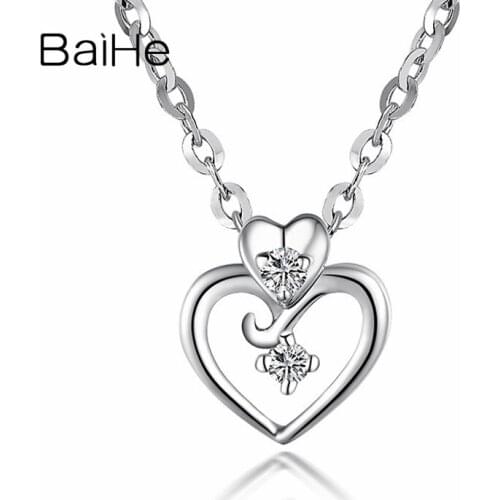 BAIHE Solid 18K White Gold 0.03ct Round Natural Diamonds Women Engagement Fine Jewelry Vintage Diamond Heart Pendant Necklaces