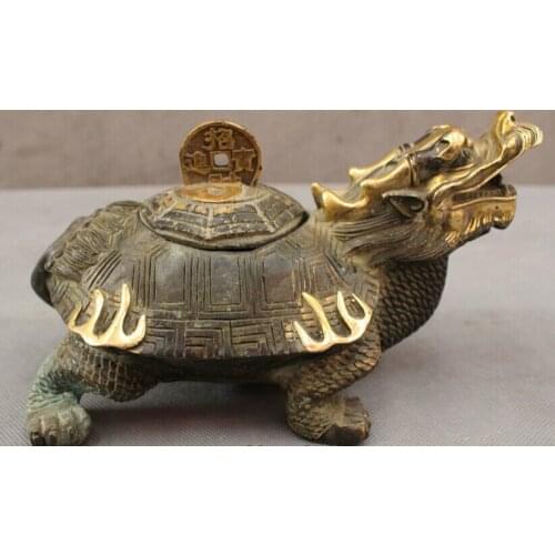 Song voge gem S2507 9" Chinese Bronze Gilt Shou Dragon Turtle Tortoise Statue Incense Burner Censer