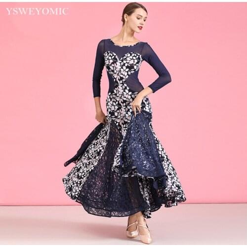 Navy Blue Soft Material Flower Print Modern Dance Dress Standard Waltz Practice Skirt Ballroom Dresses Sale 1879