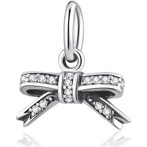 Authentic S925 Sparkling Bow With Crystal Hanging Bead Charm fit Lady Bracelet Bangle For Women DIY Jewelry
