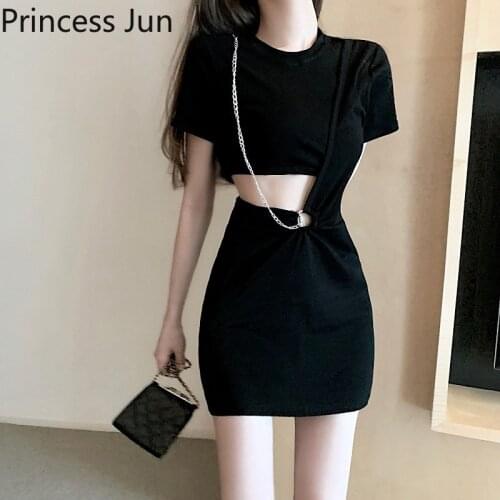 Sexy Little Black Dress 2021 New Summer Women Short Sleeve Street Fashion Mini Dress Hippop hot Girl Hollow Out Chain Slim Dress