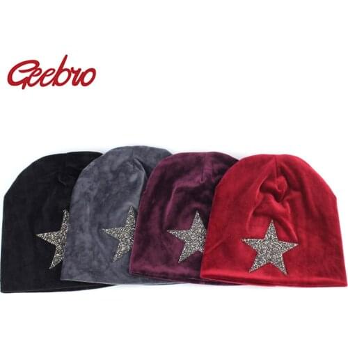 Geebro Beanies Star Rhinestone Design Solid Color Hat Unisex Hiphop Men Women Outdoor Caps