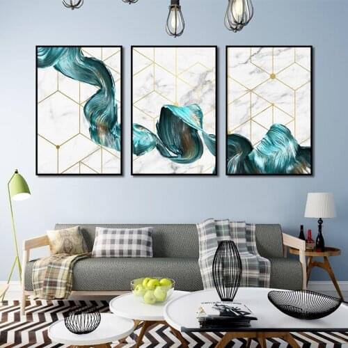 Nordic Marbled Green Abstract Lines Gold Line Canvas Painting Modern Home Decoration Art Poster Wall Pictures for Living Room