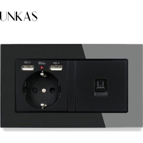 UNKAS Luxury Glass Panel EU Standard Wall Socket 2 USB Charge Port Hidden Soft LED + 1 Gang CAT5E RJ45 Internet Jack