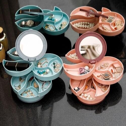 Rotating Jewelry Storage Box Makeup Organizer Bracelet Earrings Hair Accessories Plastic Display Stand with Mirror with Lid