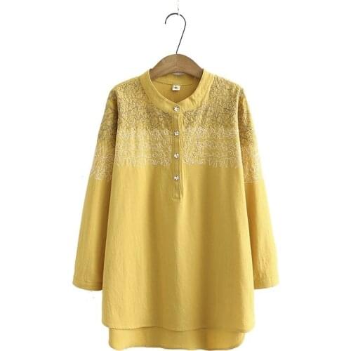 Plus Size XL-4XL White Yellow Women Casual Round Neck Long Sleeve Embroidery Blouse Fashion Vintage A-line Officewear Tops
