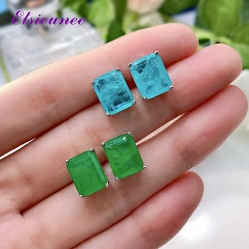 ELSIEUNEE 100% 925 Sterling Silver 8x10MM Paraiba Tourmaline Emerald Gemstone Stud Earrings for Women Ear Fine Jewelry Wholesale