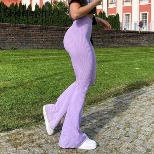 2021 Female Vintage 90s Sweatpants Purple Ribbed Gothic Y2K Joggers Women Knitted Flare Pants Slim High Waist Aesthetic Trousers
