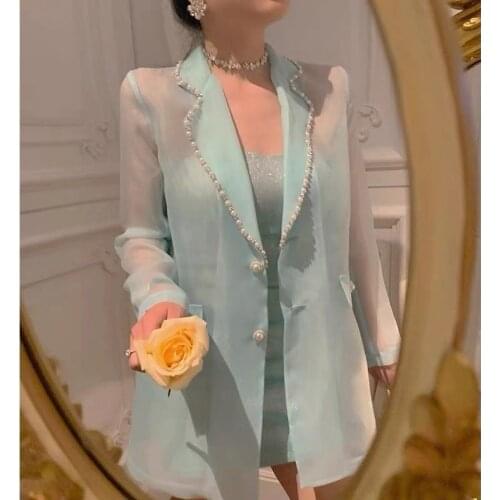 2021 Spring Summer New Temperament Organza Mesh Suit Heavy Bead V-neck Long Sleeve Coat+strapless Dress Two Piece Women