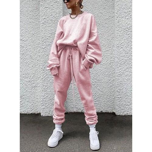 Women Fashion Sport Suit Casual O-neck Long Sleeve And Drawstring Waist Long Pants Tracksuit Suit Solid Puls Size Sweatershirt