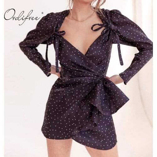 Ordifree 2021 Summer Elegant Women Black Polka Dot Mini Dress Long Sleeve Deep V Neck Ruffle Lace Up Short Sexy Party Dress