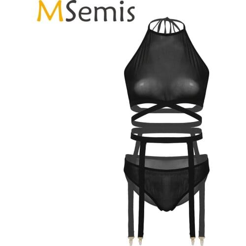 Women Halter Lace-up Sheer Lingerie Suit See-through Hallow Out Tank with Mesh Underwear Strappy Garters Ladies Exotic Sets