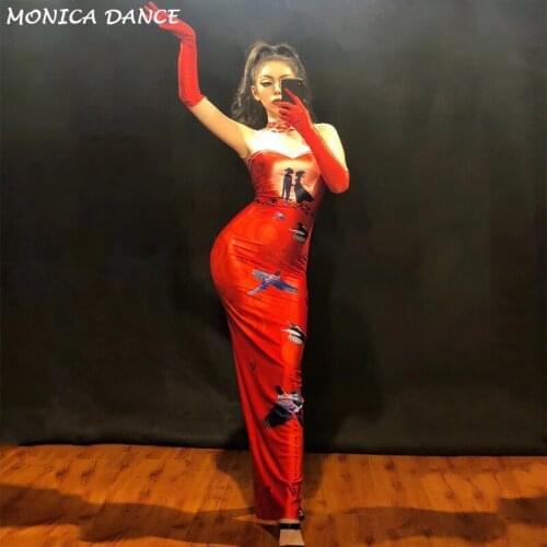 Women Sexy Stage Red Long Dress Sleeveless 3D Printing Tanabata Story Nightclub Party Celebrate Performance Singer Stage Wear