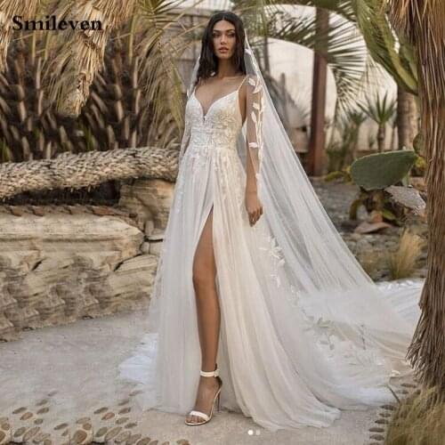 Smileven Lace Bohemian wedding Dresses Spaghetti Straps V Neck Appliqued Lace Bridal Dress Wedding Gowns Vestido de novia 2021