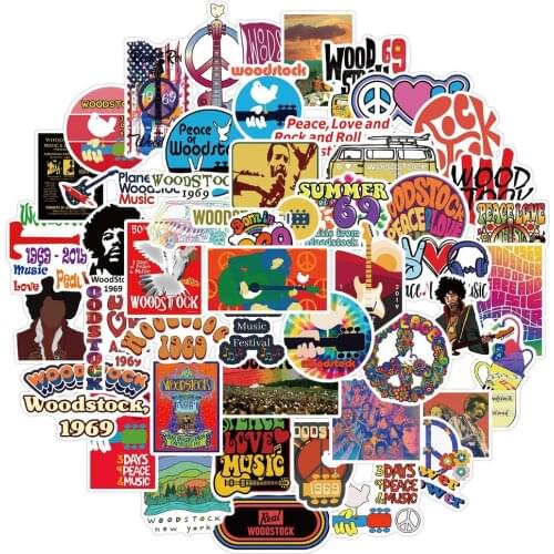 10/50pcs Woodstock rock music festival Stickers For Children Decals For Suitcase Guitar Fridge Car Gifts DIY Toys Decals