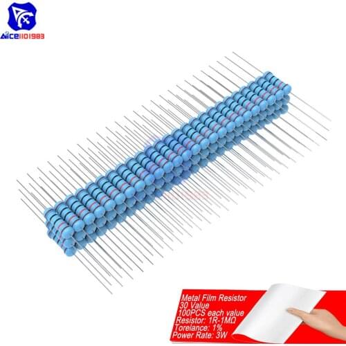 100PCS/Lot Metal Film Resistor 1% 3W 1R-1MΩ 1R 4.7R 10R 100R 220R 1K 2.2K 4.7K 6.8K 10K 22K 47K 100K 470K 1MΩ Ohm Resistance