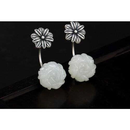 2018 Real Earings Fashion Jewelry S925 Pure Natural And Field Jade Flower Retro High-grade Ladies' Earrings Jewelry Wholesale