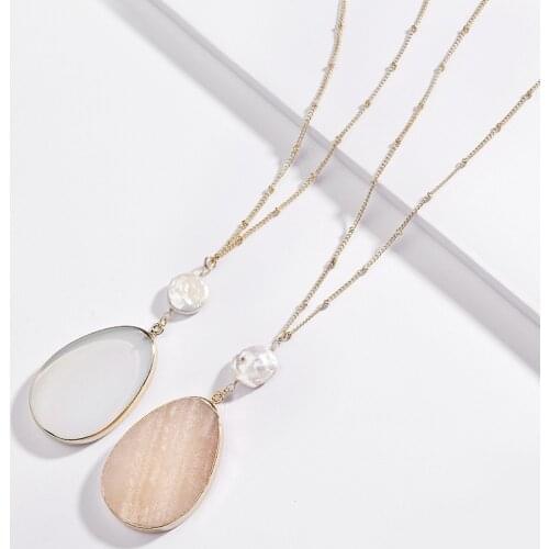 4 Colors Natural Opal Pink Aventurine Amazonite Water Drop Stone Fresh Water Pearl Pendant Necklace