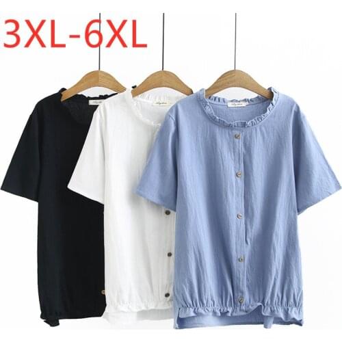 New 2021 Ladies Summer Plus Size Tops For Women Large Blouse Short Sleeve Casual Cotton Linen Blue Button Shirt 3XL 4XL 5XL 6XL