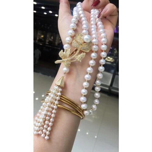 D109 Pearls Sweater Chains 9mm Fine Jewelry Natural Fresh Water Pearls for Women Fine Pearls Necklaces