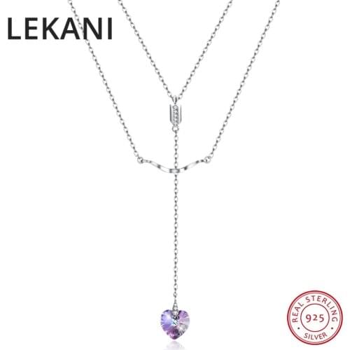 LEKANI Long Pendant Necklace Colorful Heart Bead Crystals From Swarovski For Women 925 Silver Double Chain Collars Wedding Party