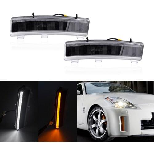 Smoked 370Z Style For Nissan 350Z 2006-2009 Switchback Front Bumper Reflector White Led DRL Running Light Amber Side Indicators