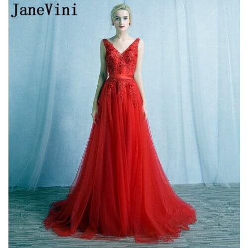 JaneVini Elegant V-Neck Red Bridesmaid Dress Long Backless Lace Appliques Sequined Bridal Wedding Party Dress Tulle A Line Gown