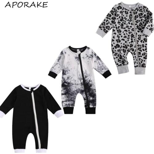2020 3-24M Newborn Baby Boy Girl Zipper Romper Black/Leopard/Trendy Print Long Sleeve Crew Neck One Piece Jumpsuit