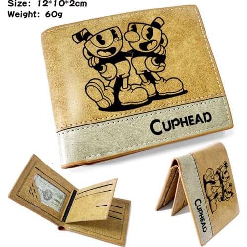 Game Cuphead Khaki PU Wallet Teenager Hot Mens Short Casual Leather Bifold Note Compartment Purse Photo Credit Cards Holder