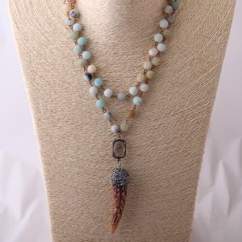 MOODPC Fishion Blue Green Frosted Amazonite Stones Rosary Chain Halsband Ox Horn Pendant Necklace