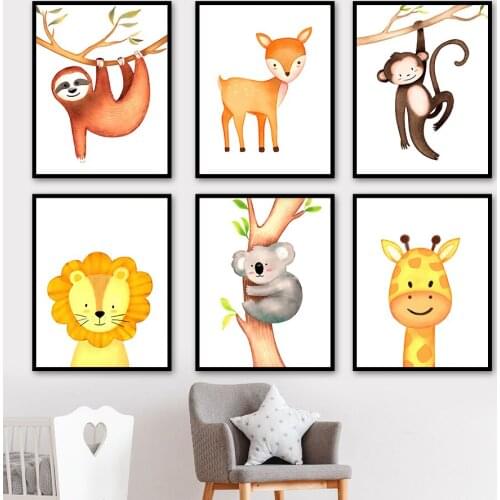 Cartoons Koala Lion Giraffe Sloth Deer Animal Wall Art Canvas Painting Nordic Posters And Prints Wall Pictures Kids Room Decor