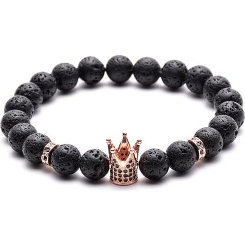 Natural Lava Volcanic Rock Energystone Beads 24K Real Gold Multi-color CZ Crown Plating Charms Unisex Bracelet Daily Jewelry