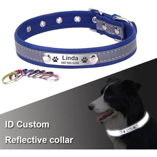 Reflective Dog Collar Personalized Custom Pet Cat Collar ID Tag Engraved Name Dogs Collar Leather Pet Accessories