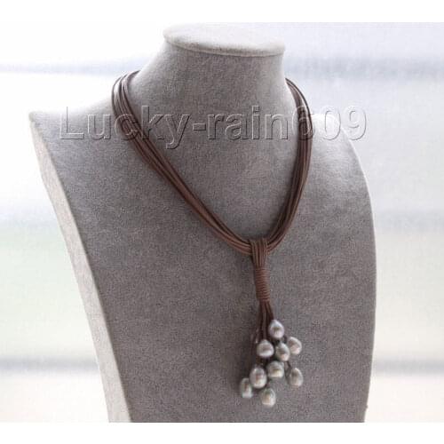 Genuine 16" 15row 12mm gray pearls coffee leather necklace magnet clasp