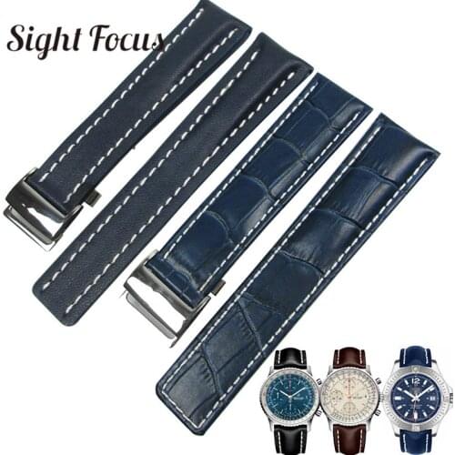Blue Leather Watch Band for Breitling Watch Strap 22mm 24mm Watch Bracelet Relacement Strap Black Brown Belt Watchband Masculino