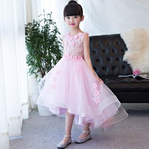 Pink Lace Long Trailing wedding Dress Flower Girl Dresses Appliques First Communion Dresses For Girls pageant dresses