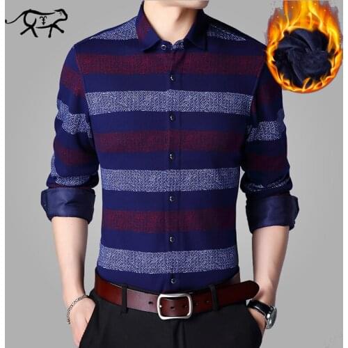 Fashion Mens Shirt Autumn And Winter Thickening Striped Male Social Warm Shirts Men Business Casual Fleece Print Brand Clothing