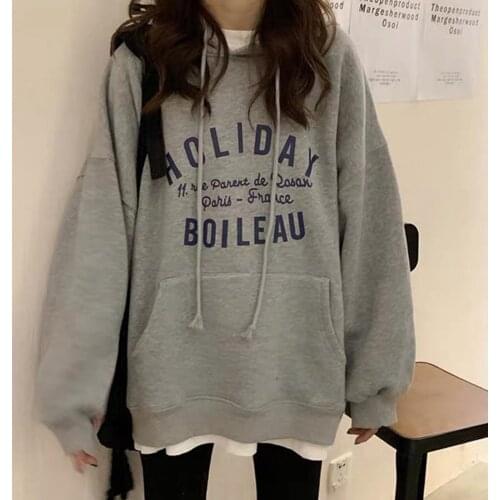 Letter Print Sweatshirt Vintage Women Hoodies Gray Warm Winter Pullovers 2020 Autumn New Casual Streetwear Girls