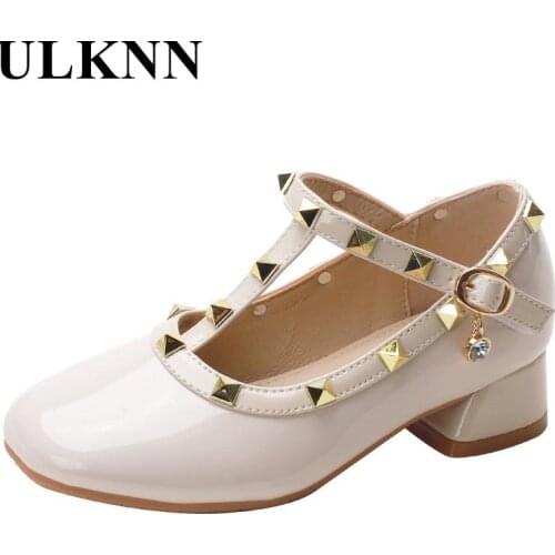 Princess Girls High Heels 2021 Children Leather Shoes Kids New Fund Rivet Shoes Girl Soft-soled Shoes During Stage Shoes